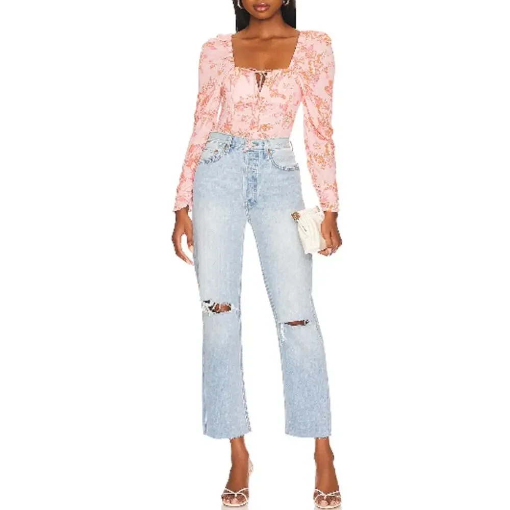 NWT Free‎ People Hilary Printed Top in Pink Combo